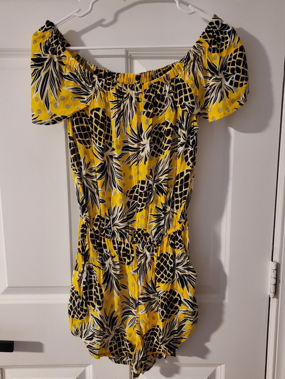Ava Sky Yellow and Black Tropical Pineapple Print Off-Shoulder Romper